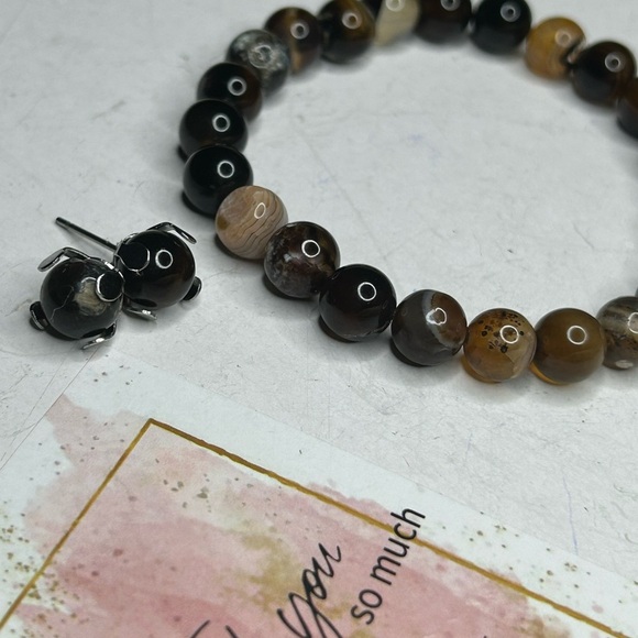 Brown Agate Bracelet + Stud Earrings - Picture 2 of 3